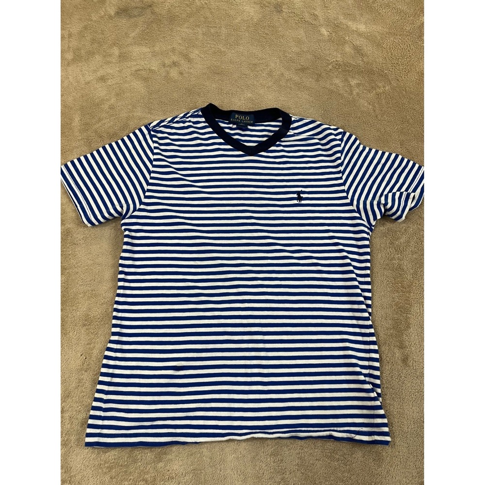 Polo Raplh Lauren Striped V-neck T-Shirt Kids Boys M(10-12) Blue Cotton S/S GOOD